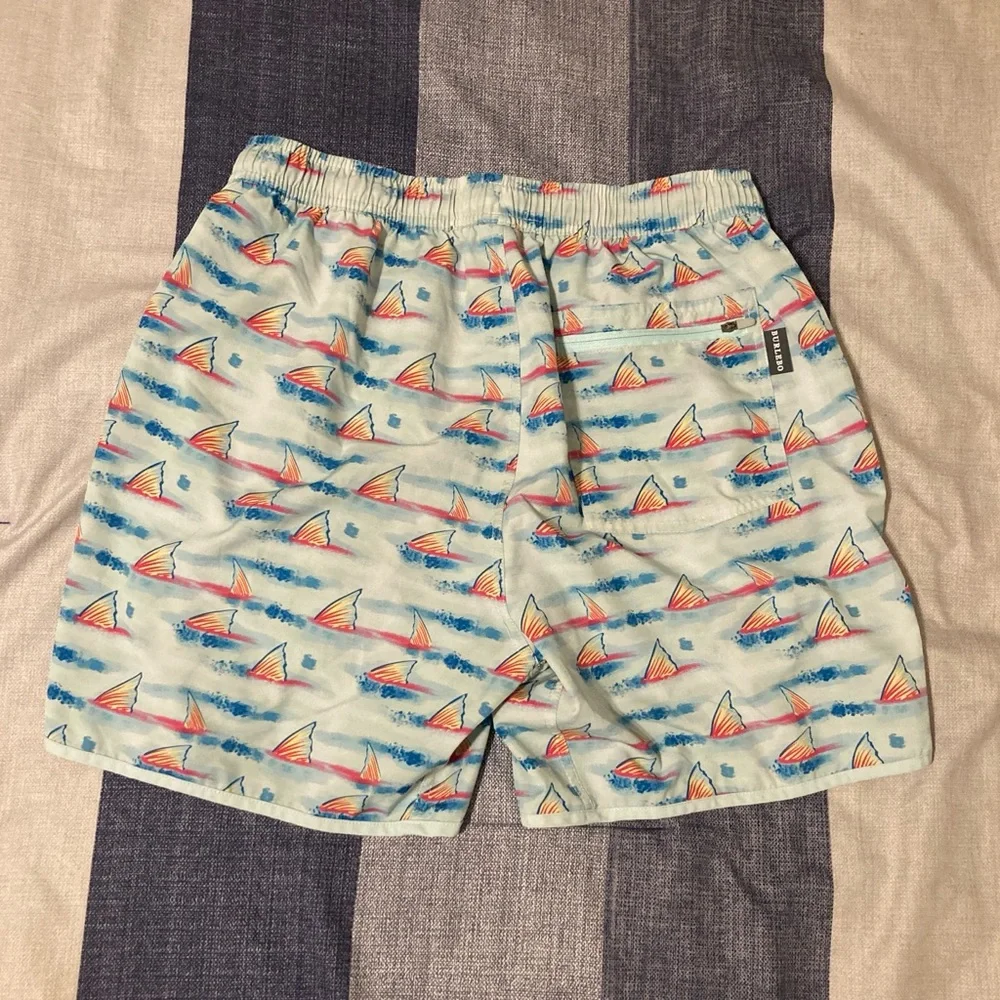 Burlebo Mens Swim Trunks Sz M Fins Ocean Sea Fish Aquatic Blue